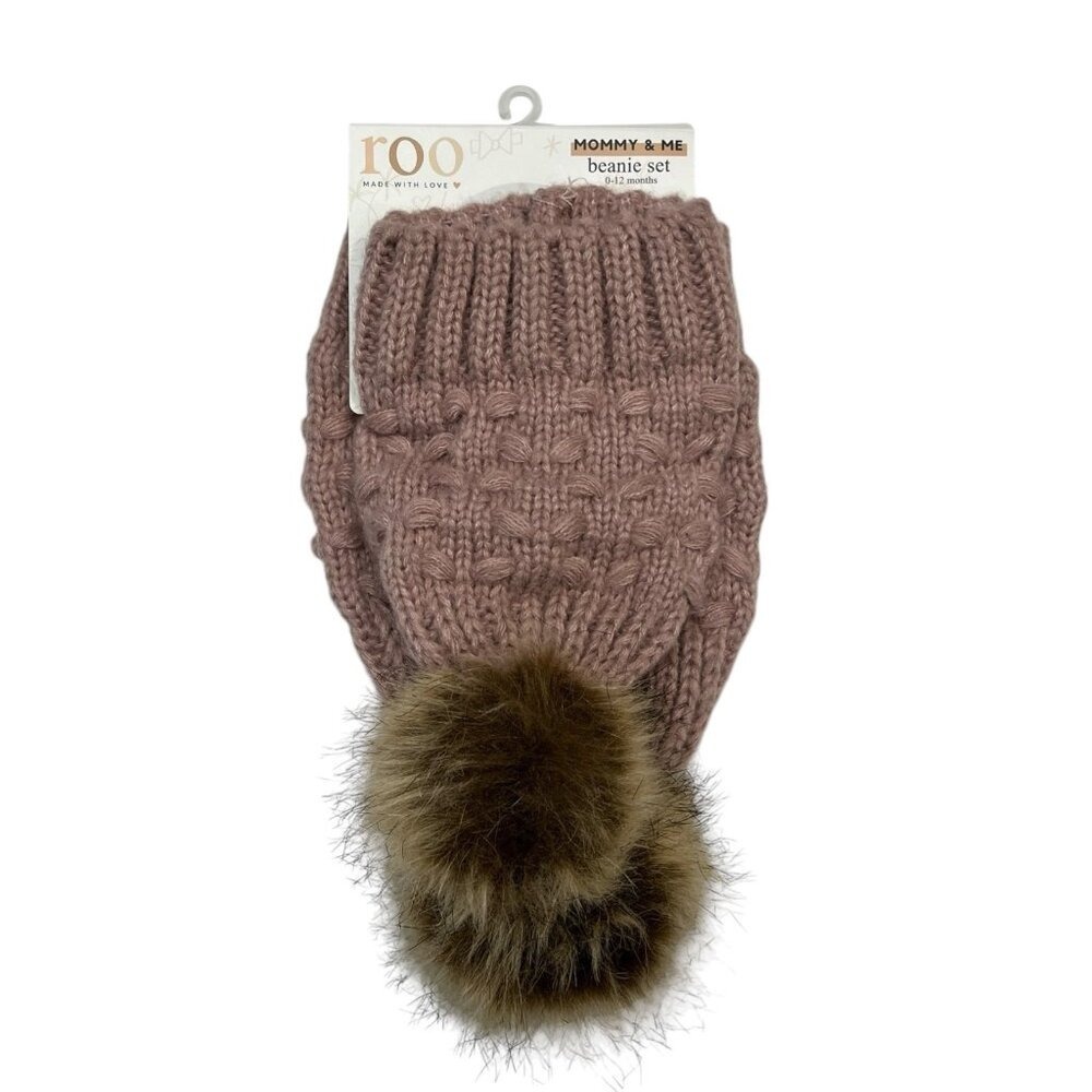 Roo Mommy and Me Beanie Set Mauve Pink Knit Faux‎ Fur Pom Pom Matching Hats NEW